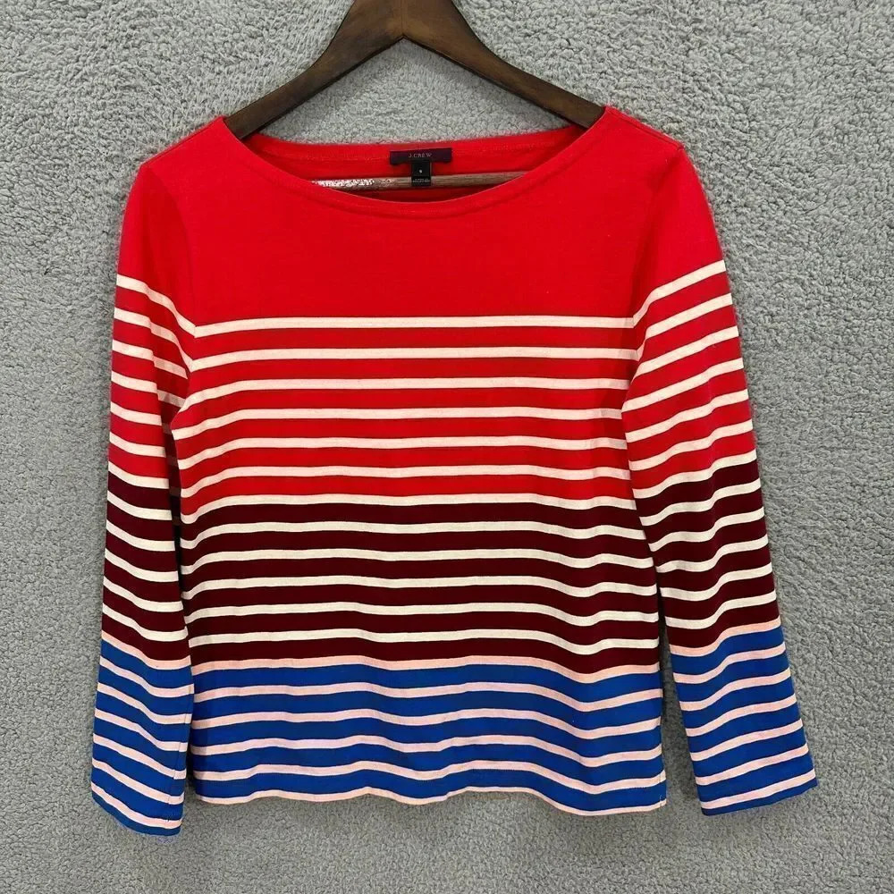 J.Crew womens blouse small red striped‎ long sleeve boat neck cotton nautical